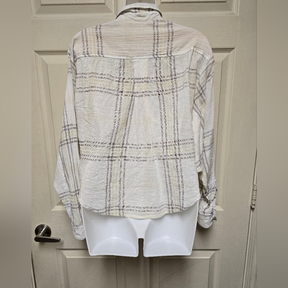 Free People Beige Plaid Cropped Batwing Long Sleeve ButtonUp Shirt SzXS - Picture 8 of 12